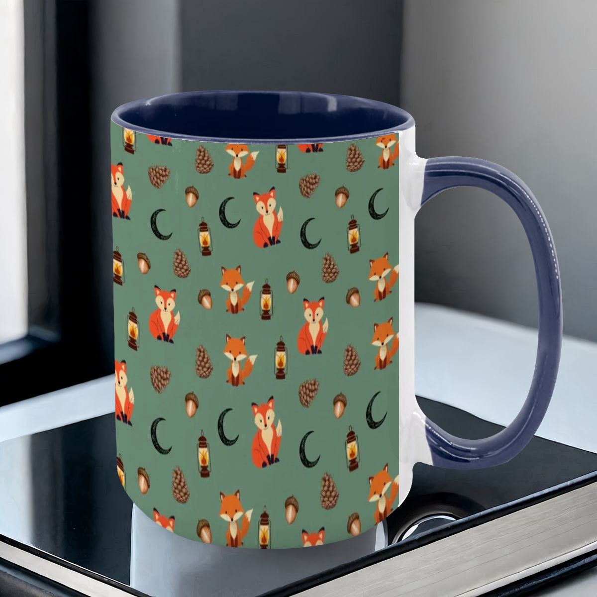 "Foxlight Trail" 15oz Mug – Whimsical Fox & Forest Lanterns on Muted Green | Woodland Coffee Cup by Rabbit Haven