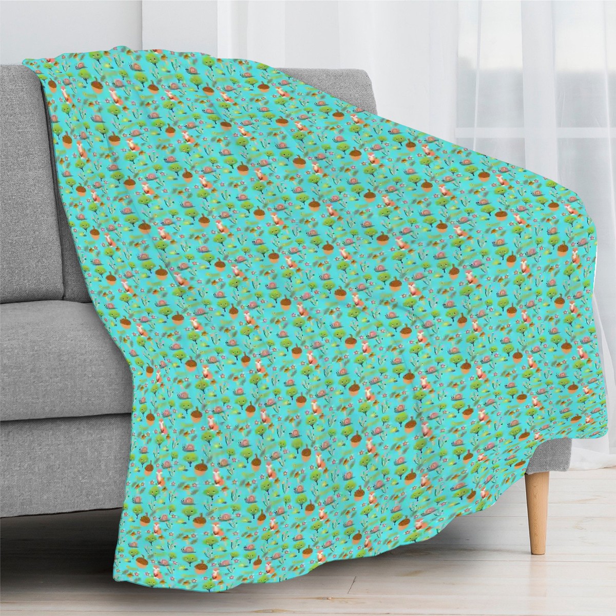 "Foxy Forest" Blanket – Blue Fleece Throw with Foxes, Trees & Woodland Creatures, Cute Nature-Inspired Decor Gift