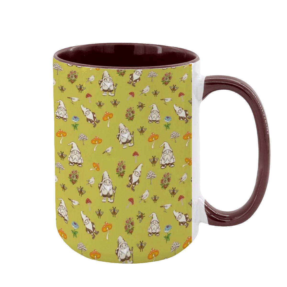 "Forest Folk, Olive Yellow" 15oz Mushroom and Gnome Mug - Rabbit Haven