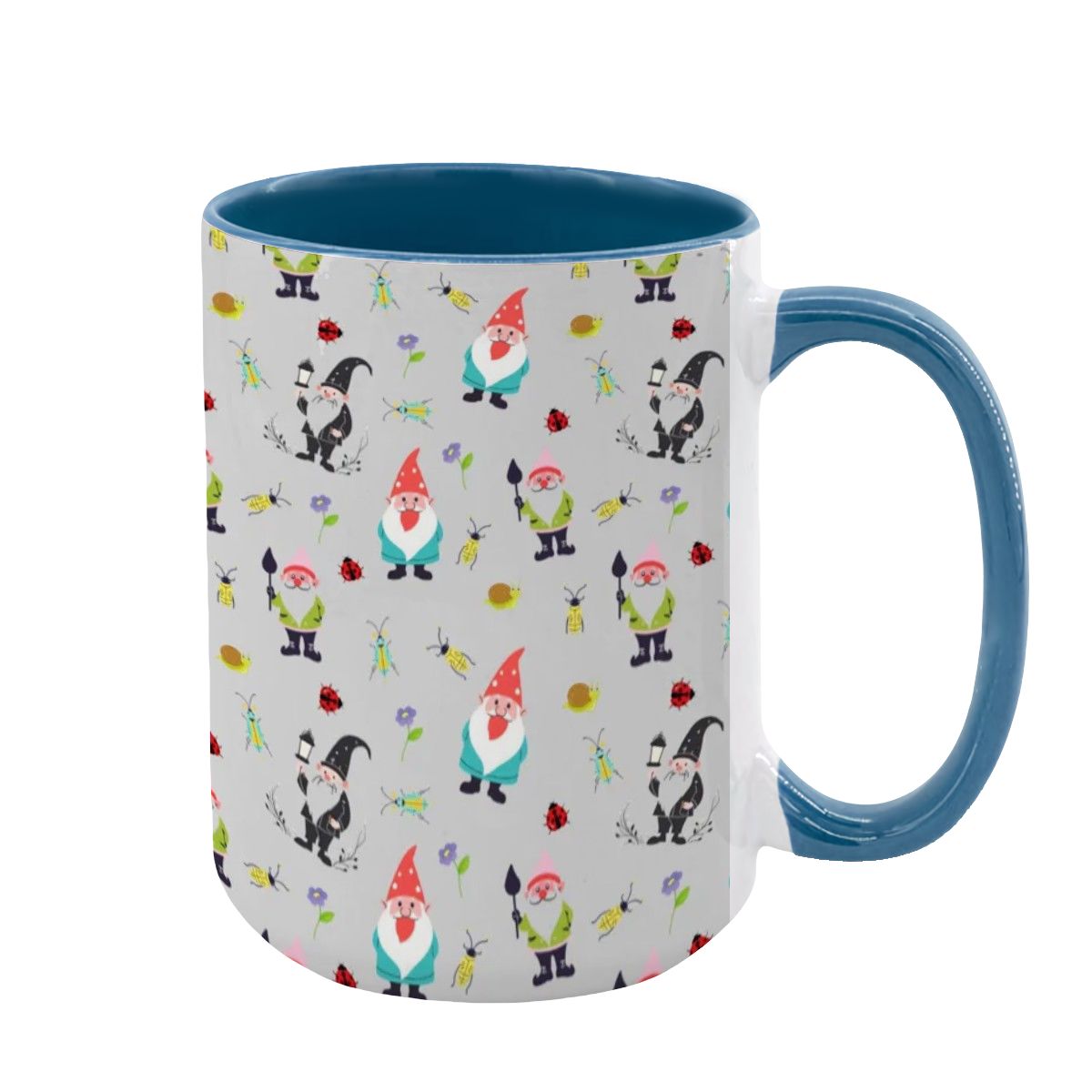 “Gnome Trails” 15oz Mug – Whimsical Gnome Pattern, Large Coffee Cup, Grey Background, Woodland Forest Gift