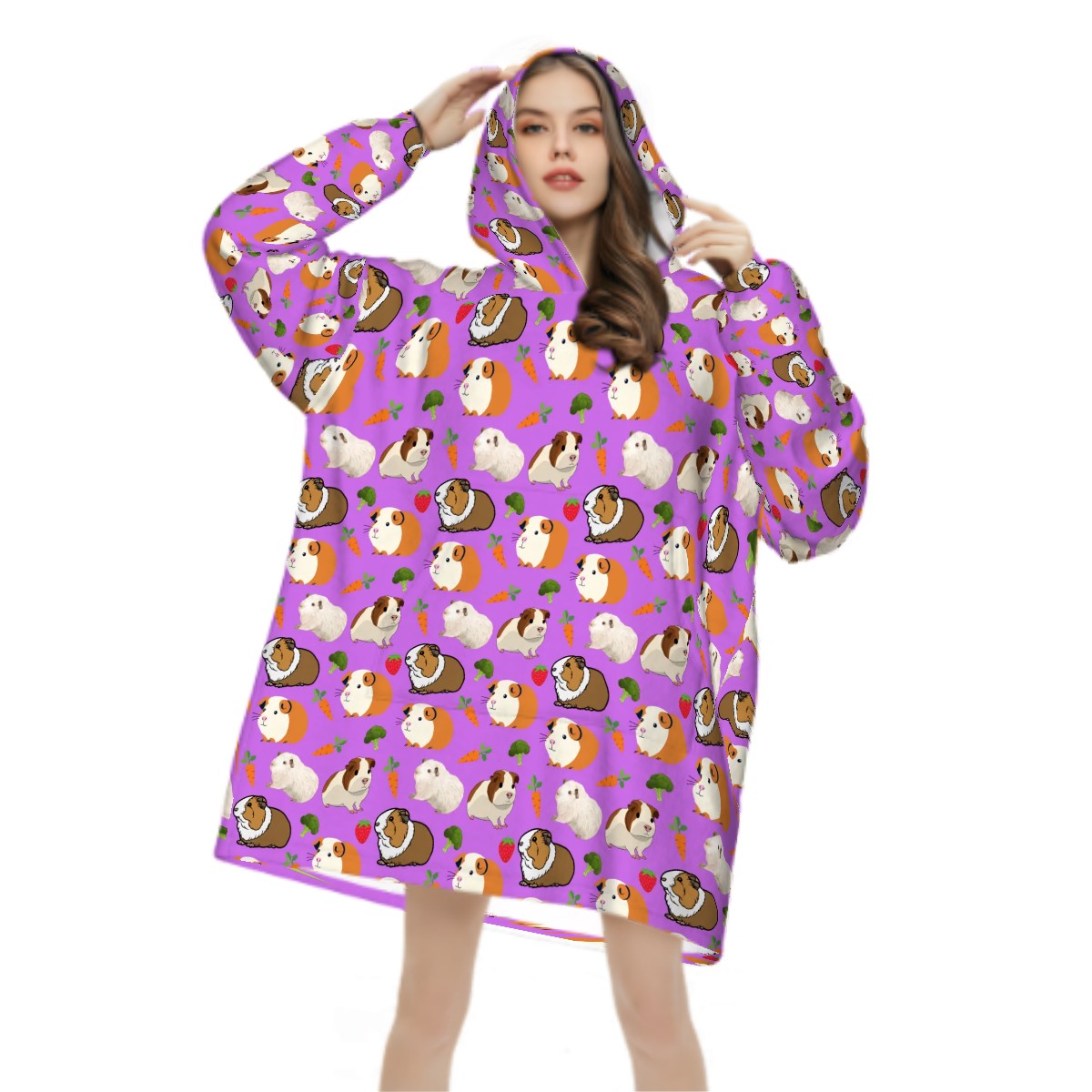 "Cavy Crew" Adult Blanket Hoodie – Purple Background, Cute Guinea Pig Print