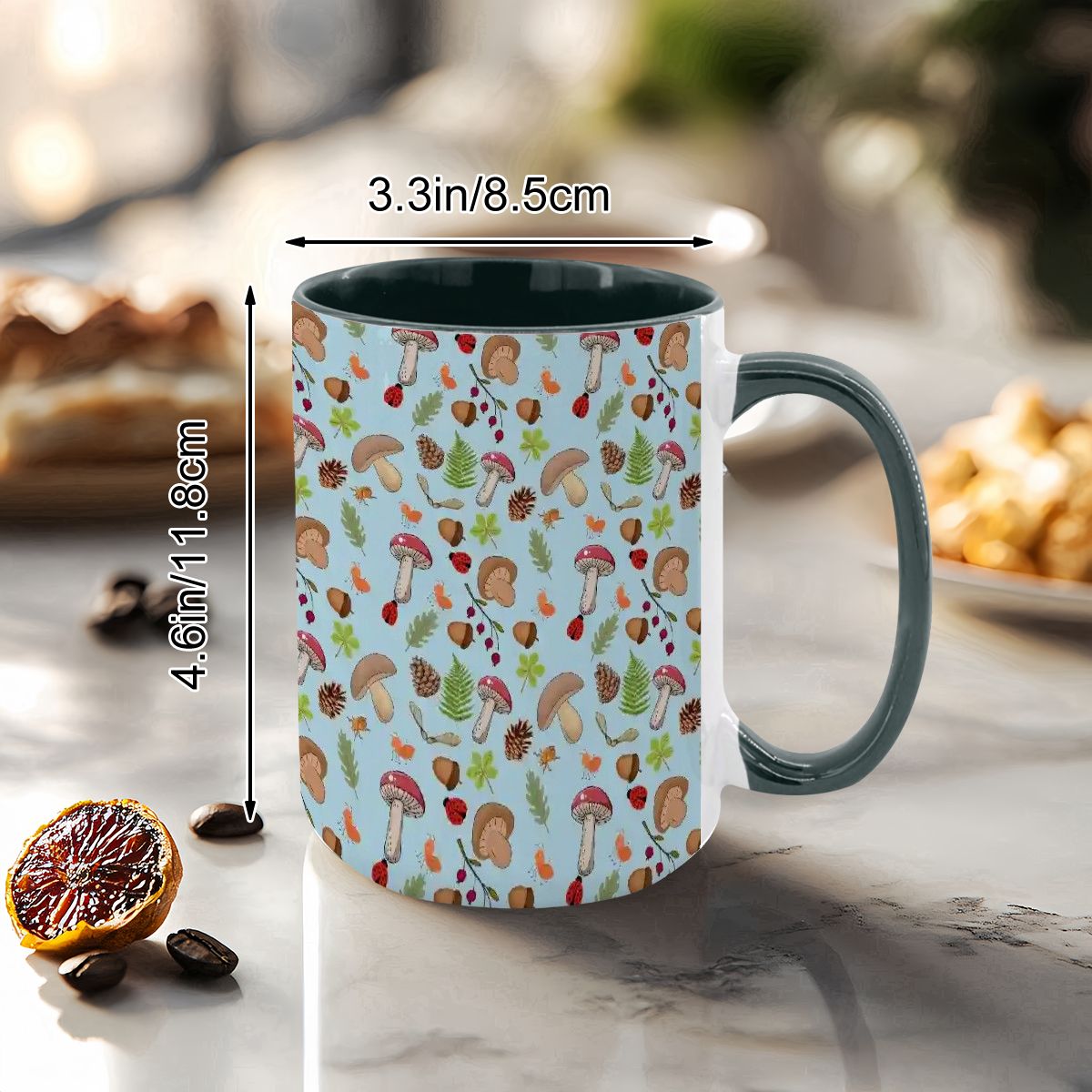 “Forest Floor” 15oz Mug – Blue Background, Mushrooms, Insects, Acorns, Leaves & Ferns, Woodland Nature Coffee Cup