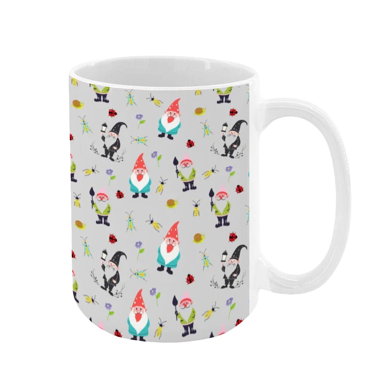 “Gnome Trails” 15oz Mug – Whimsical Gnome Pattern, Large Coffee Cup, Grey Background, Woodland Forest Gift