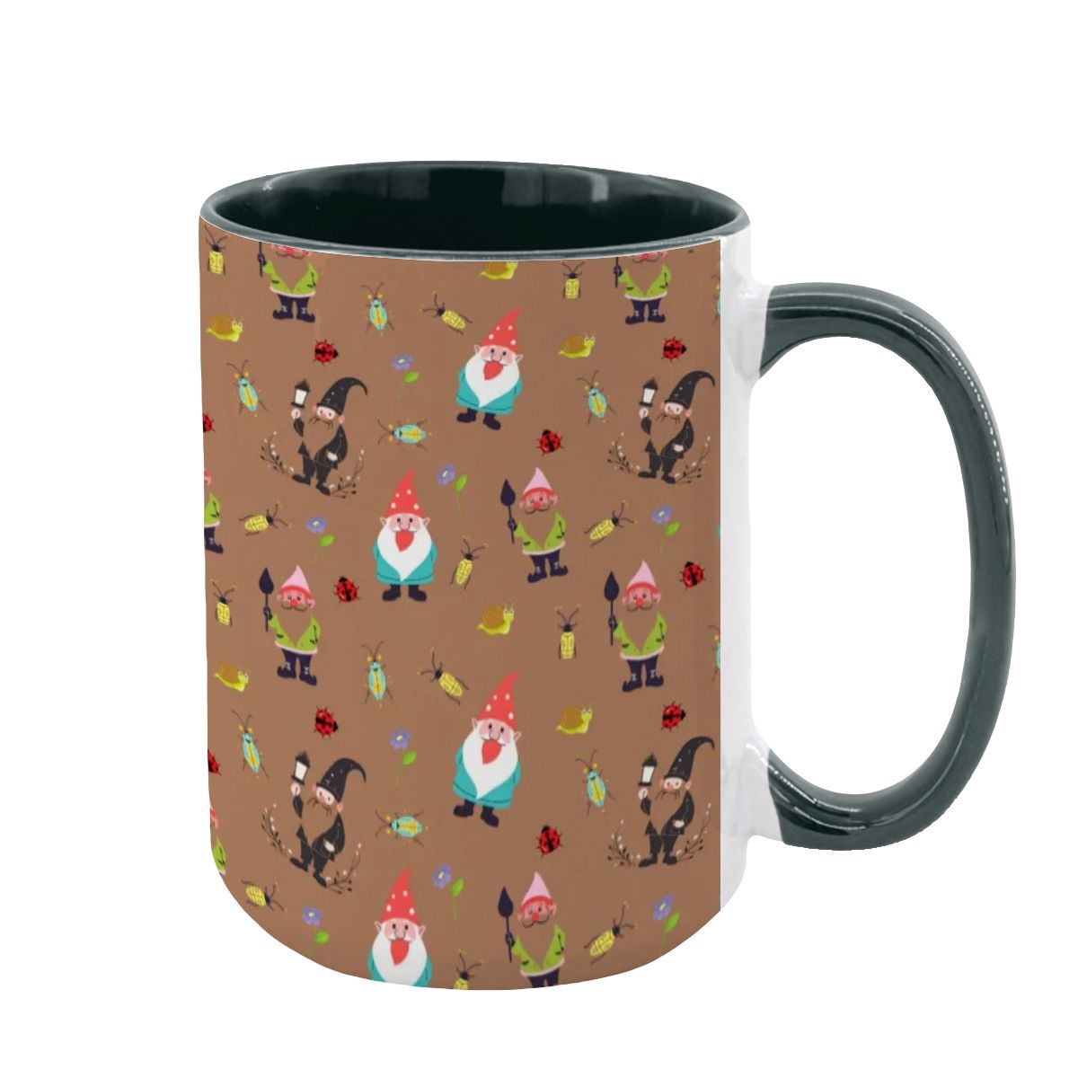 “Gnome Trails” 15oz Mug – Whimsical Gnome Pattern, Large Coffee Cup, Brown Background, Woodland Forest Gift