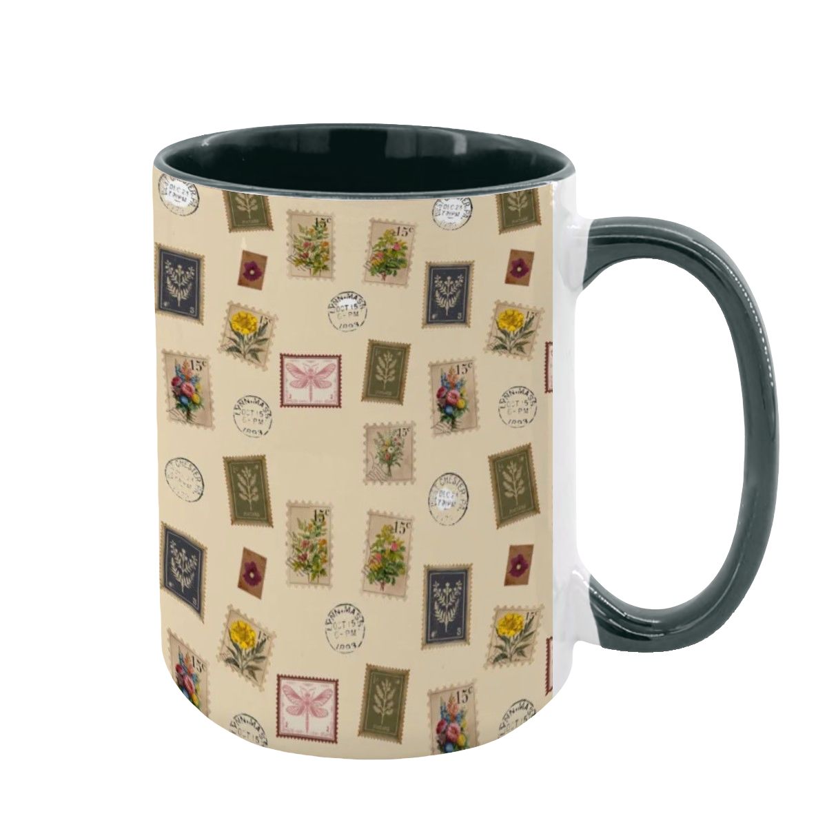 "Garden Postage" 15oz Mug – Vintage Botanical Stamp Print on Cream | Large Floral Coffee Cup by Rabbit Haven