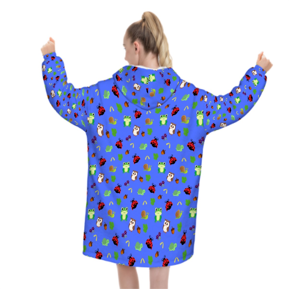 Forest Frolic Blanket Hoodie – Blue, Woodland Animals & Leaf Print