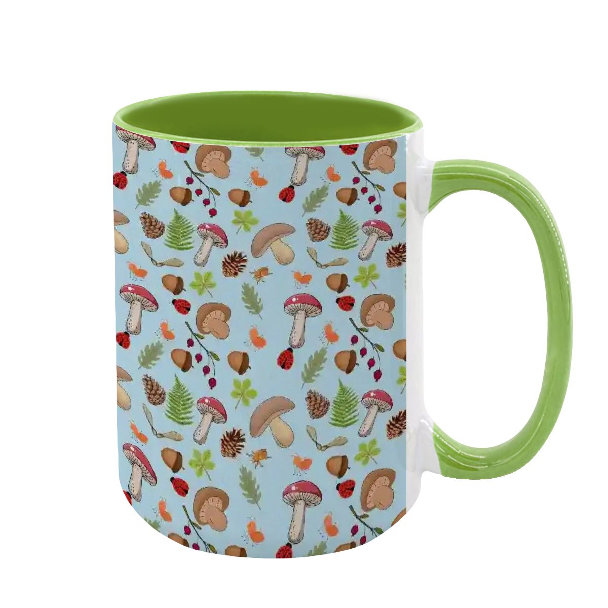 “Forest Floor” 15oz Mug – Blue Background, Mushrooms, Insects, Acorns, Leaves & Ferns, Woodland Nature Coffee Cup