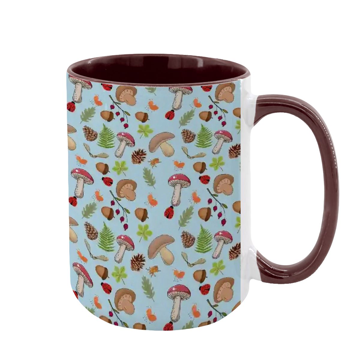 “Forest Floor” 15oz Mug – Blue Background, Mushrooms, Insects, Acorns, Leaves & Ferns, Woodland Nature Coffee Cup