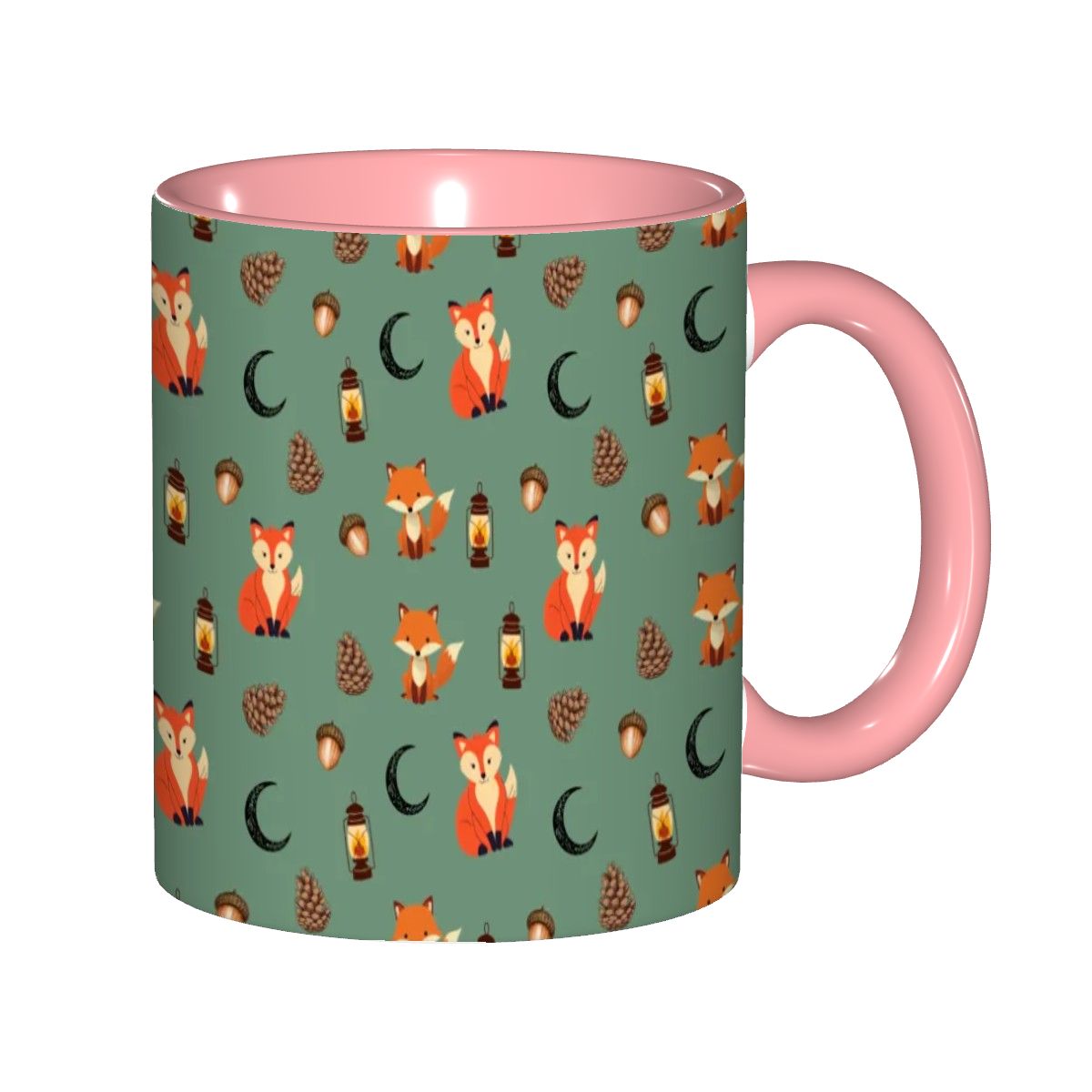 Foxlight Trail 11oz Mug – Whimsical Fox & Forest Lanterns on Muted Green | Woodland Coffee Cup by Rabbit Haven