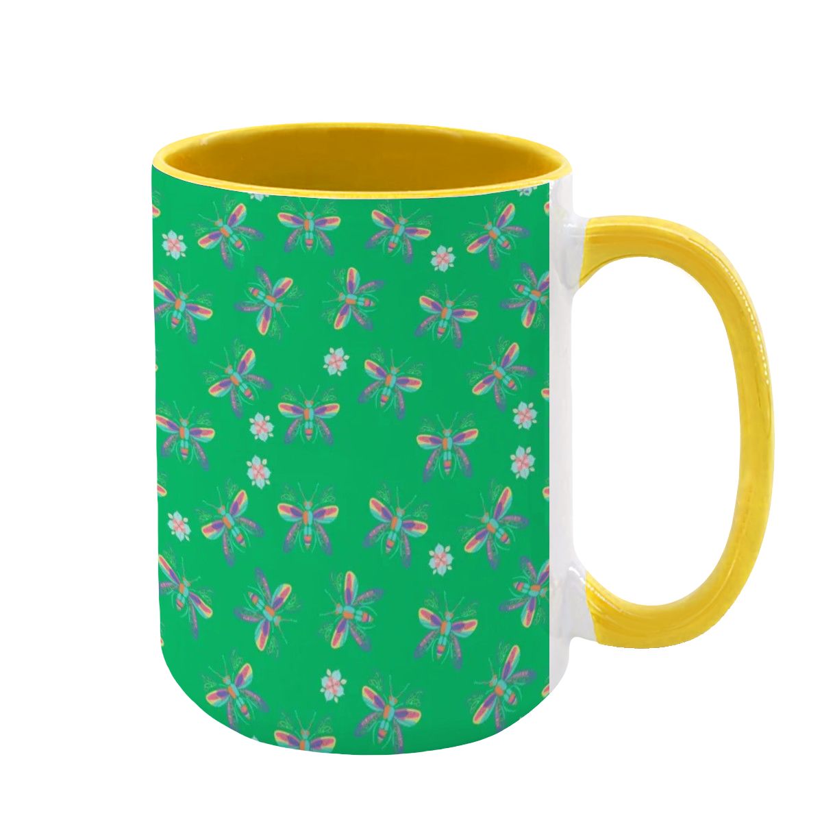 “Iridescent Flight” 15oz Mug – Dragonfly Print, Green Background, Large Coffee Cup, Whimsical Nature Gift