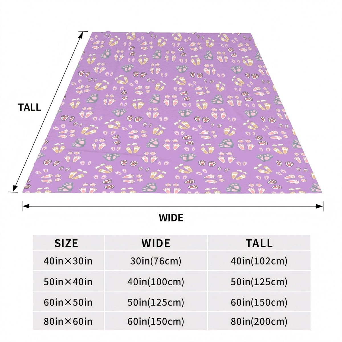 “Bunny Tracks” Blanket – Lavender Background, Cute Rabbit Paw Print Pattern, Cozy Fleece Throw, Woodland Animal Decor