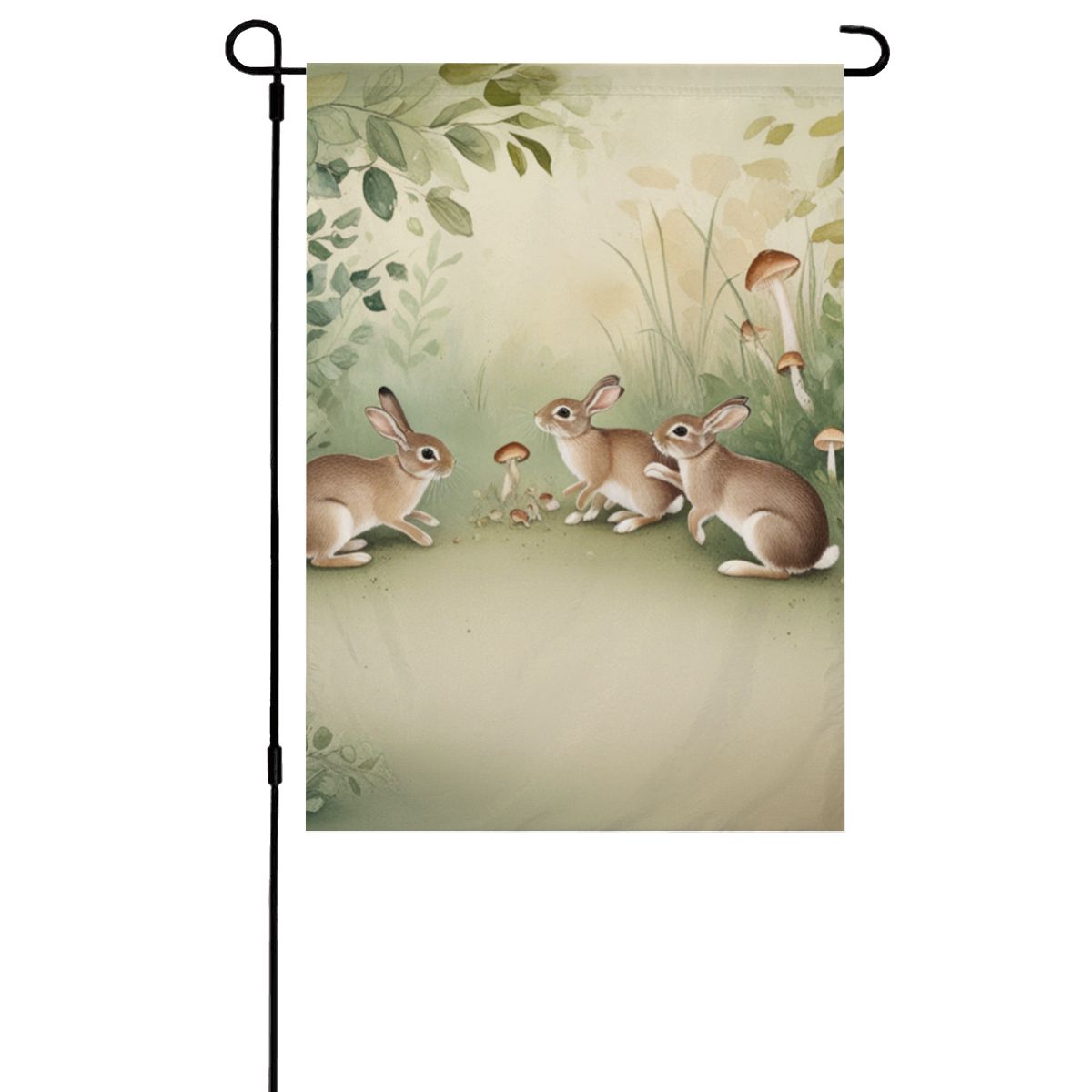 Meadow Gathering Garden Flag – Whimsical Bunny and Mushroom Outdoor Decor