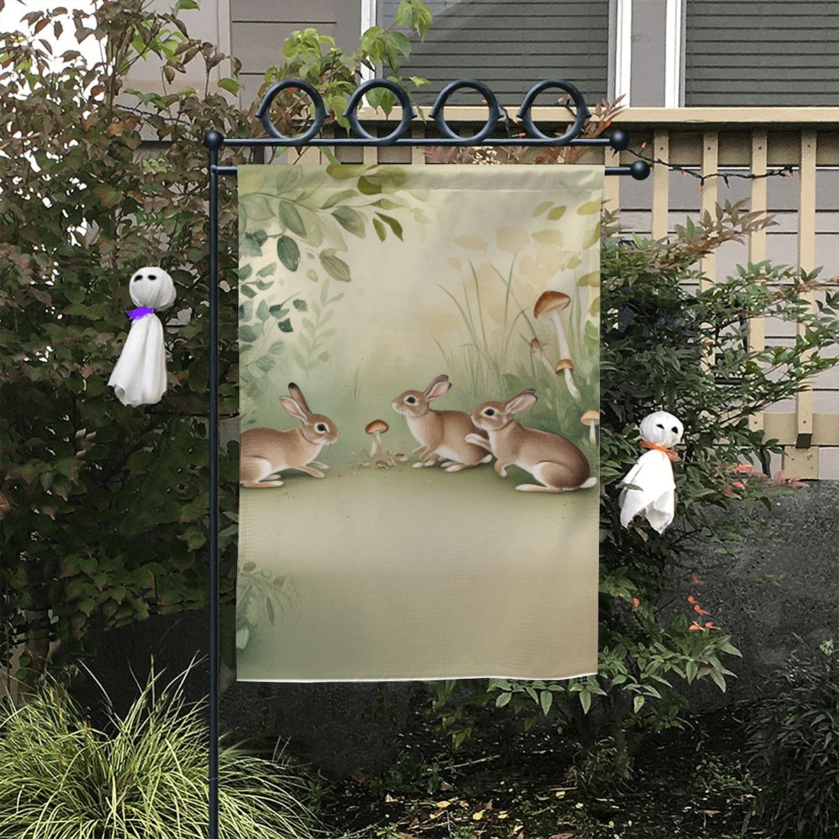 Meadow Gathering Garden Flag – Whimsical Bunny and Mushroom Outdoor Decor