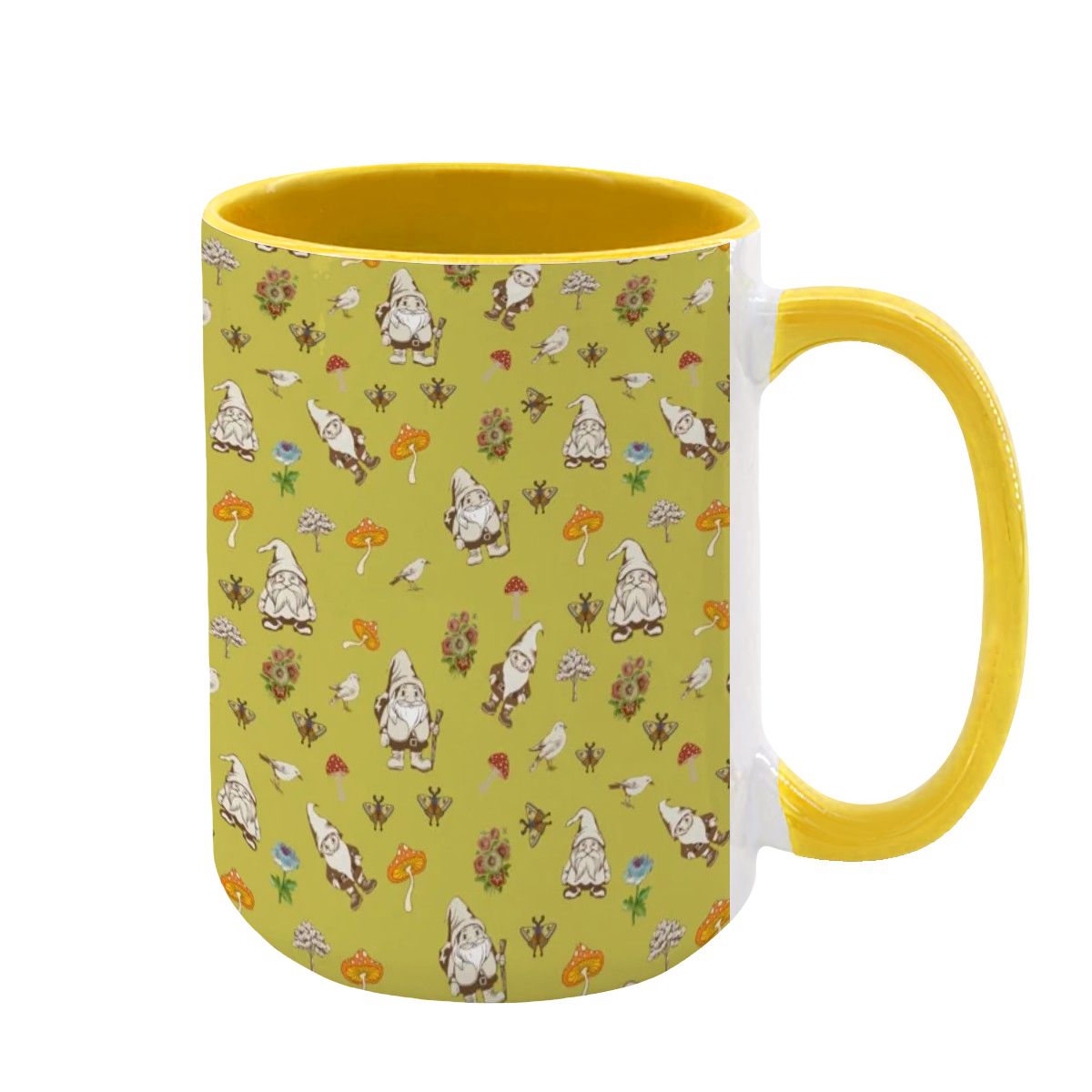 "Forest Folk, Olive Yellow" 15oz Mushroom and Gnome Mug - Rabbit Haven
