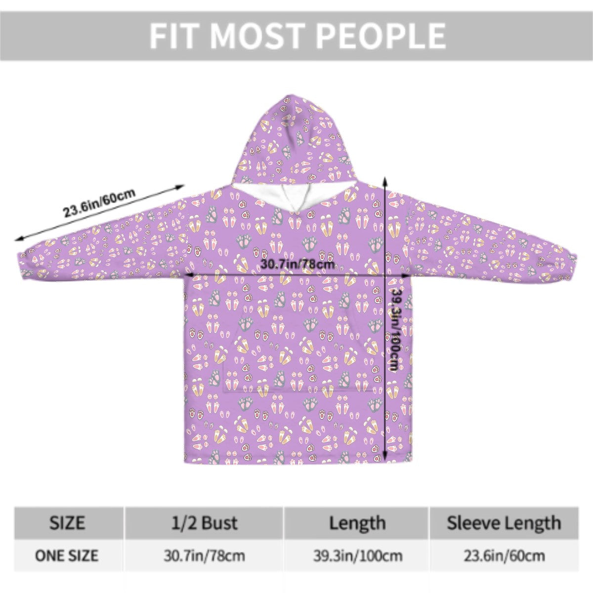 "Bunny Tracks" Adult Blanket Hoodie – Lavender Background, Cute Rabbit Footprint Print