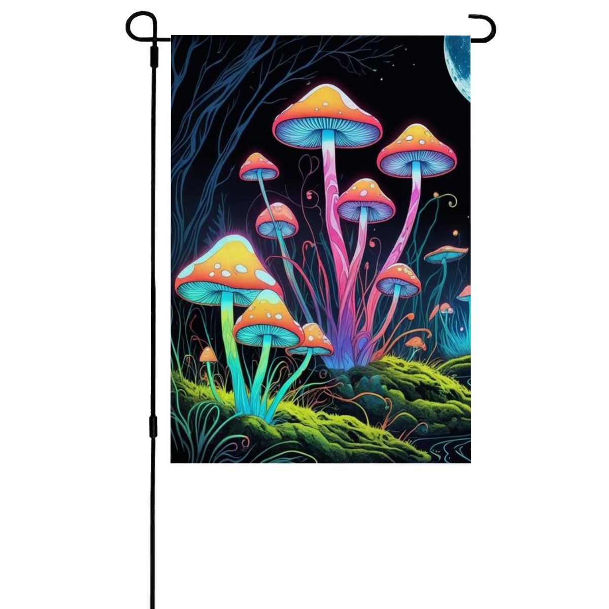Starlit Mushrooms Garden Flag – Magical Neon Mushroom Outdoor Decor
