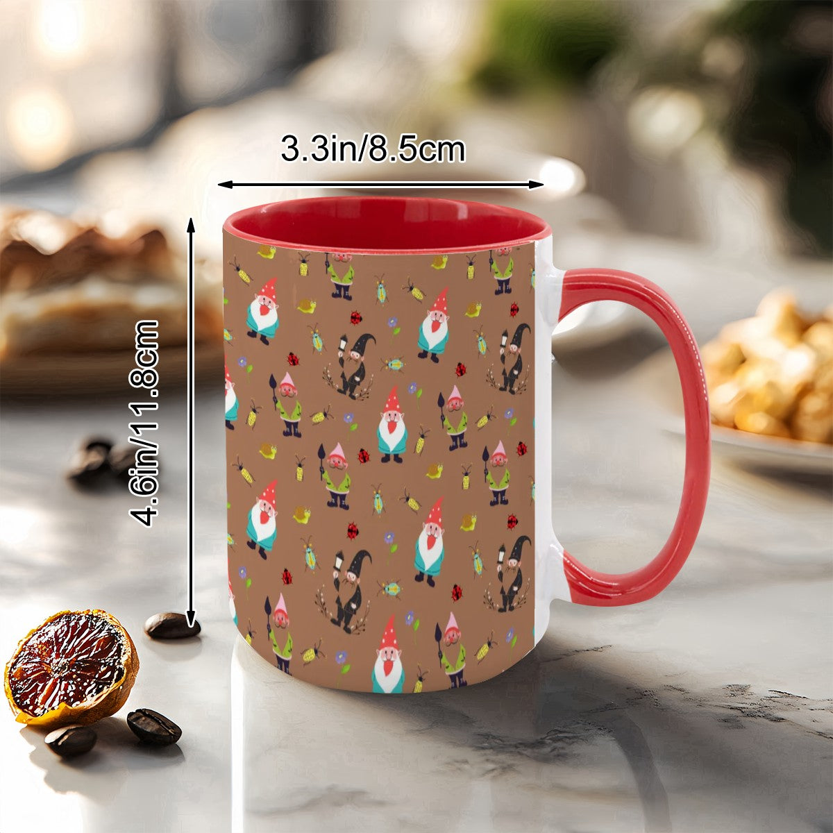 “Gnome Trails” 15oz Mug – Whimsical Gnome Pattern, Large Coffee Cup, Brown Background, Woodland Forest Gift