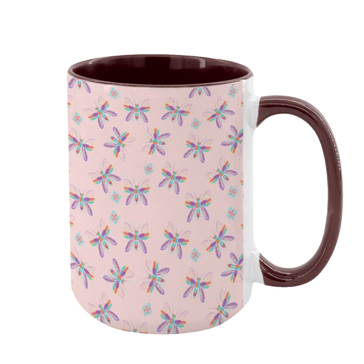 “Iridescent Flight” 15oz Mug – Dragonfly Print, Pink Background, Large Coffee Cup, Whimsical Nature Gift