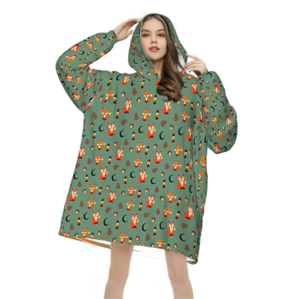 Foxlight Trail Blanket Hoodie – Woodland Foxes, Lanterns & Pinecones on Forest Green | Ultra-Soft Flannel, Cozy Loungewear for Nature Lovers