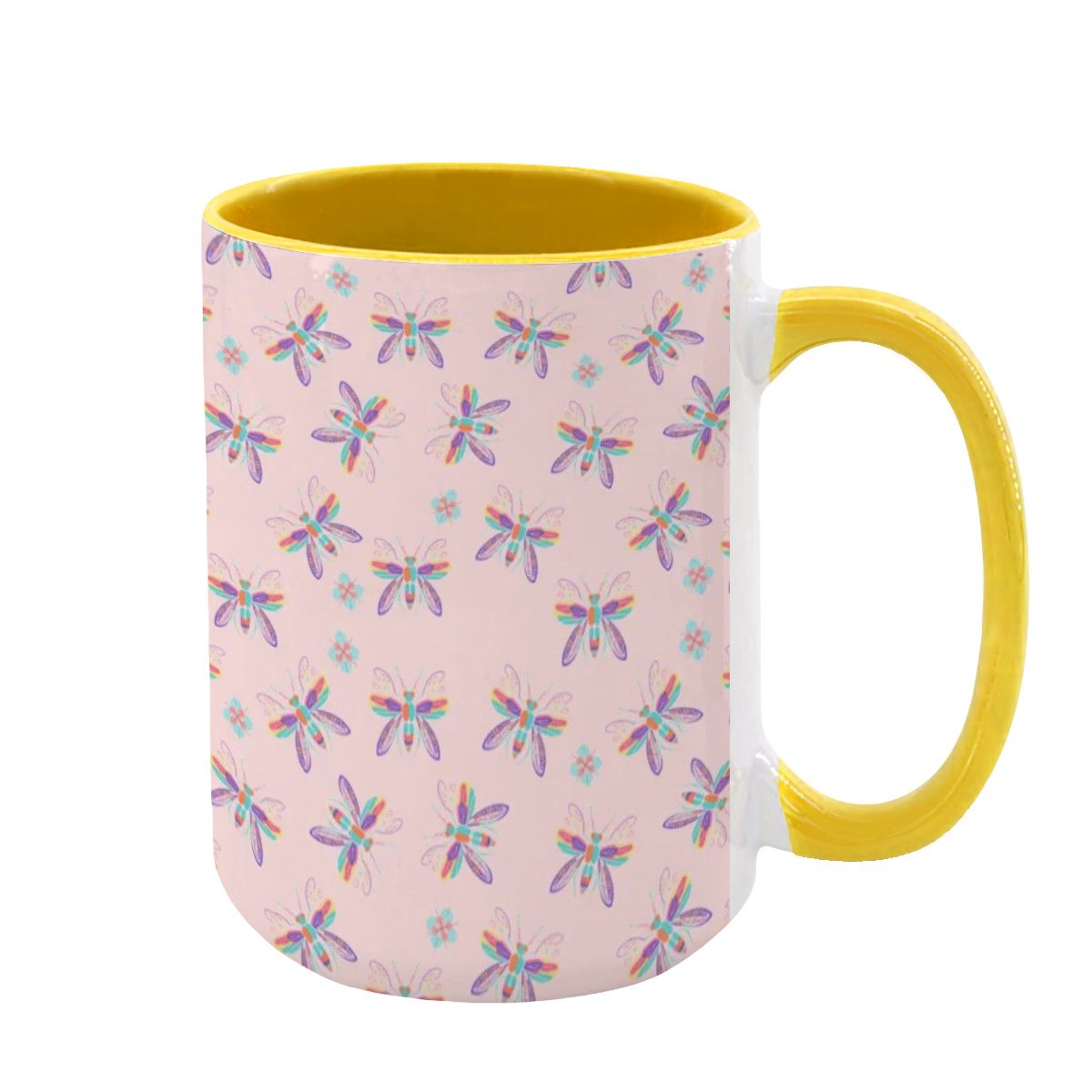“Iridescent Flight” 15oz Mug – Dragonfly Print, Pink Background, Large Coffee Cup, Whimsical Nature Gift