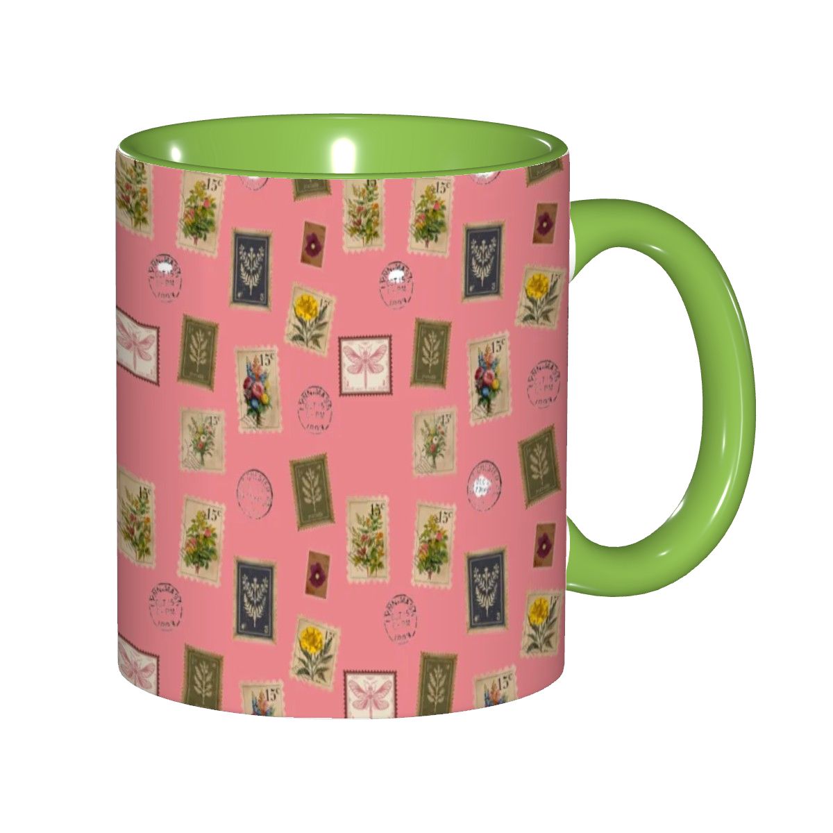 "Garden Postage"11oz Mug – Vintage Botanical Stamp Print on Pastel Rose | Floral Coffee Cup by Rabbit Haven