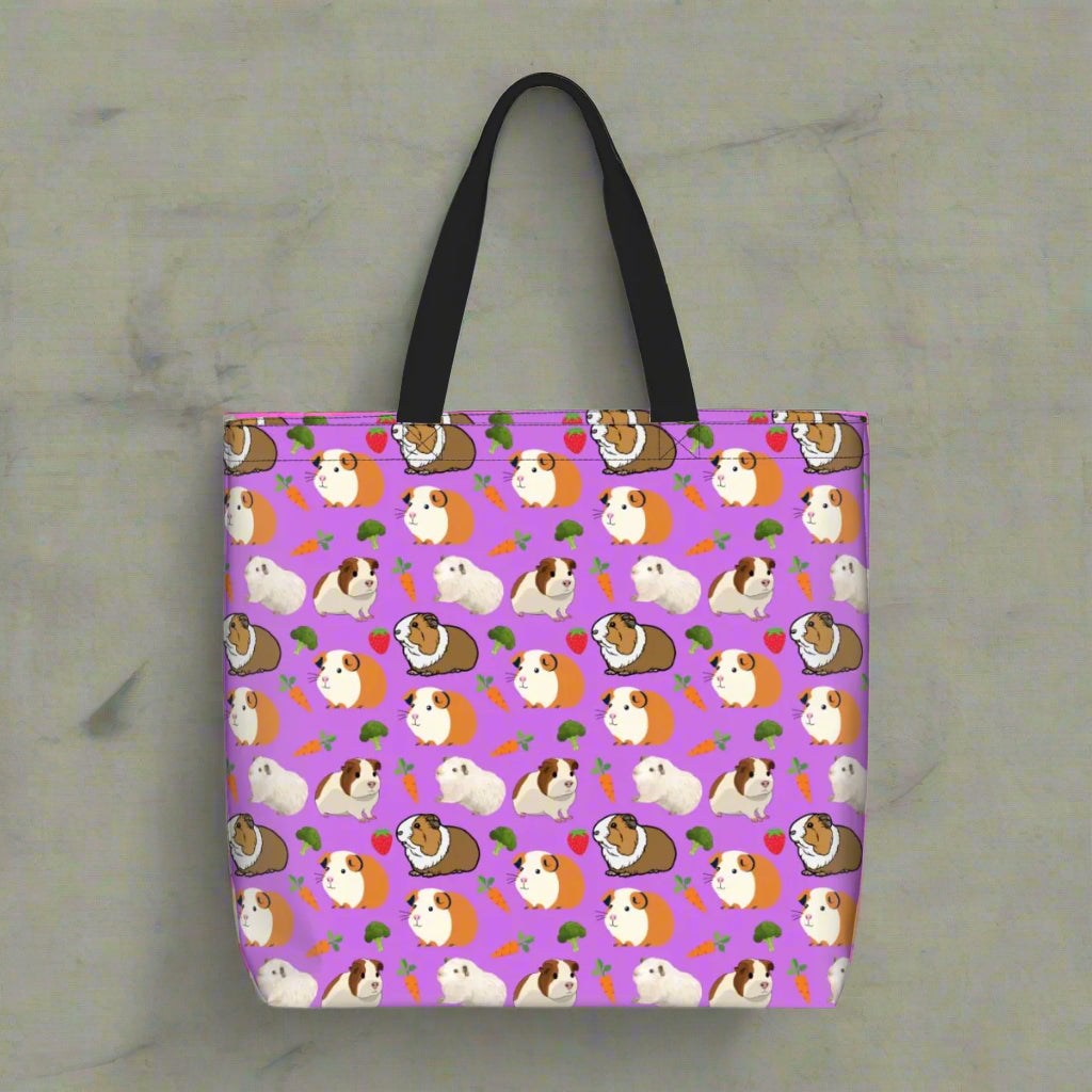 “Cavy Crew” Shoulder Bag – Cute Guinea Pig Pattern, Purple Background, Large Zip-Top Purse, Animal Lover Gift