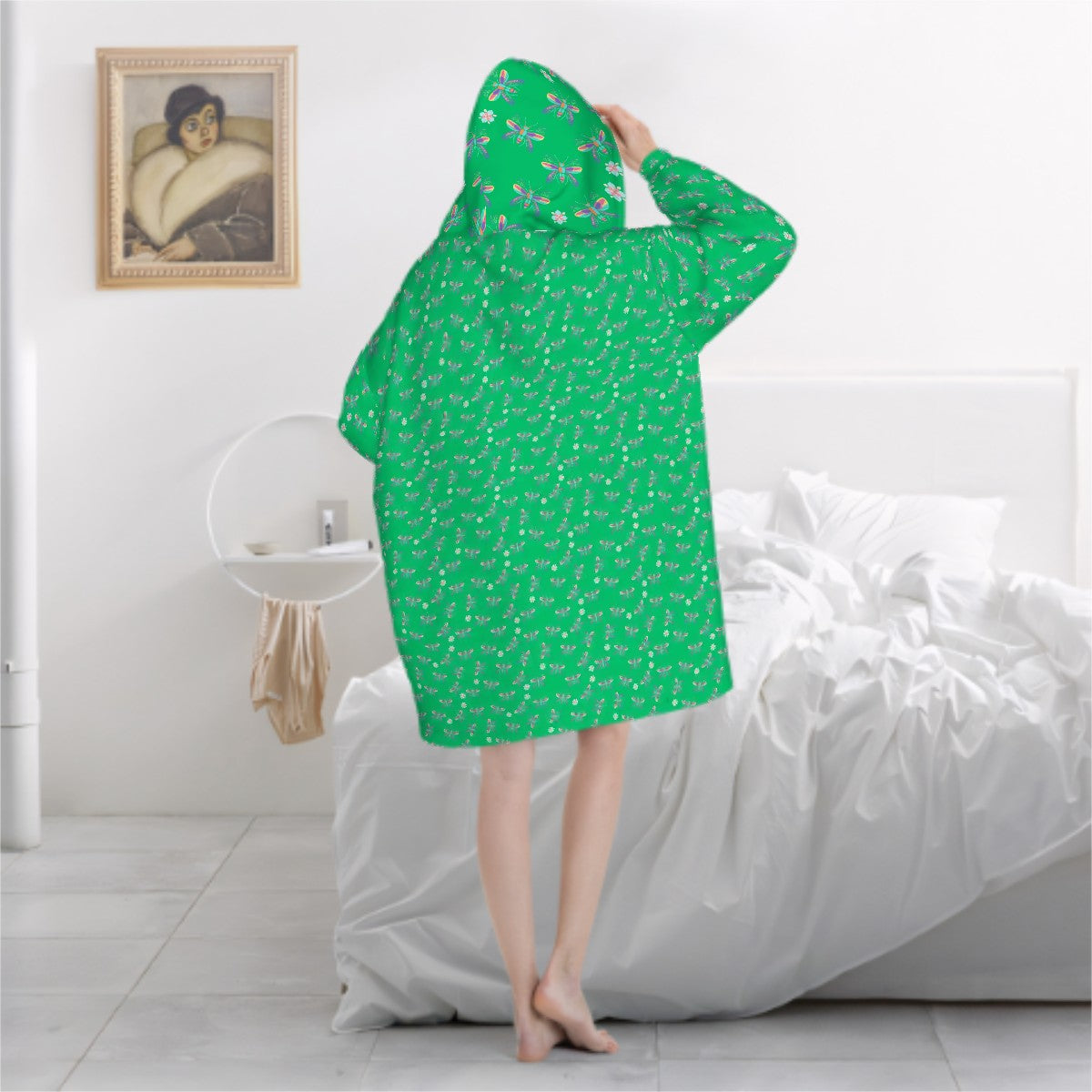"Iridescent Flight" Green Blanket Hoodie – Cozy Whimsical Loungewear with Dragonflies