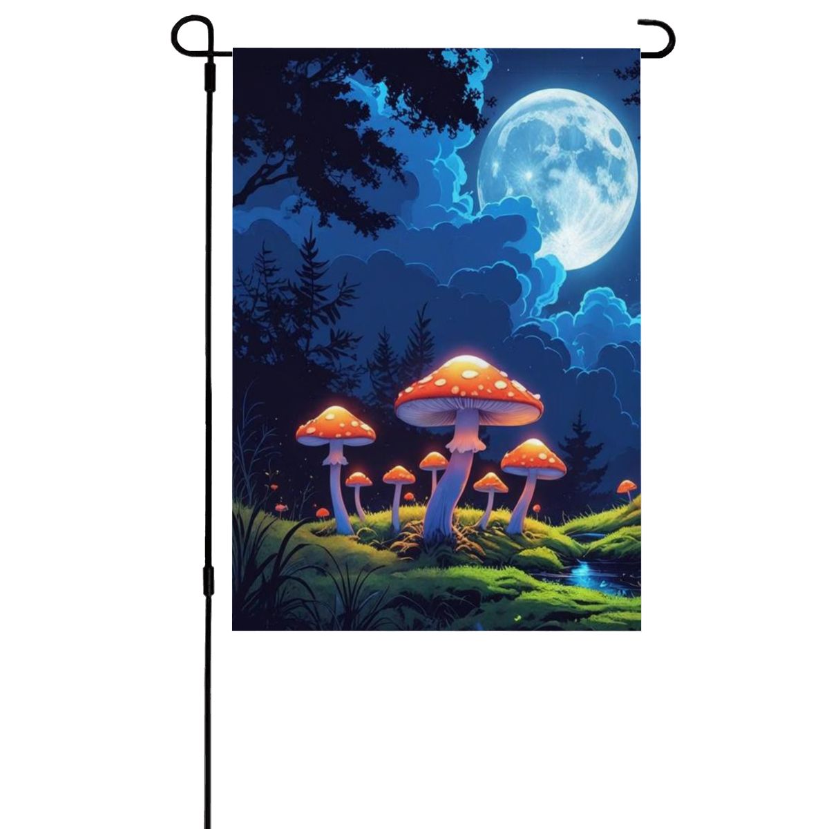 Lunar Mushrooms Garden Flag – Glowing Mushrooms and Full Moon Yard Banner