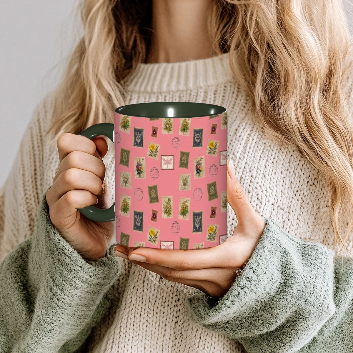 "Garden Postage"11oz Mug – Vintage Botanical Stamp Print on Pastel Rose | Floral Coffee Cup by Rabbit Haven