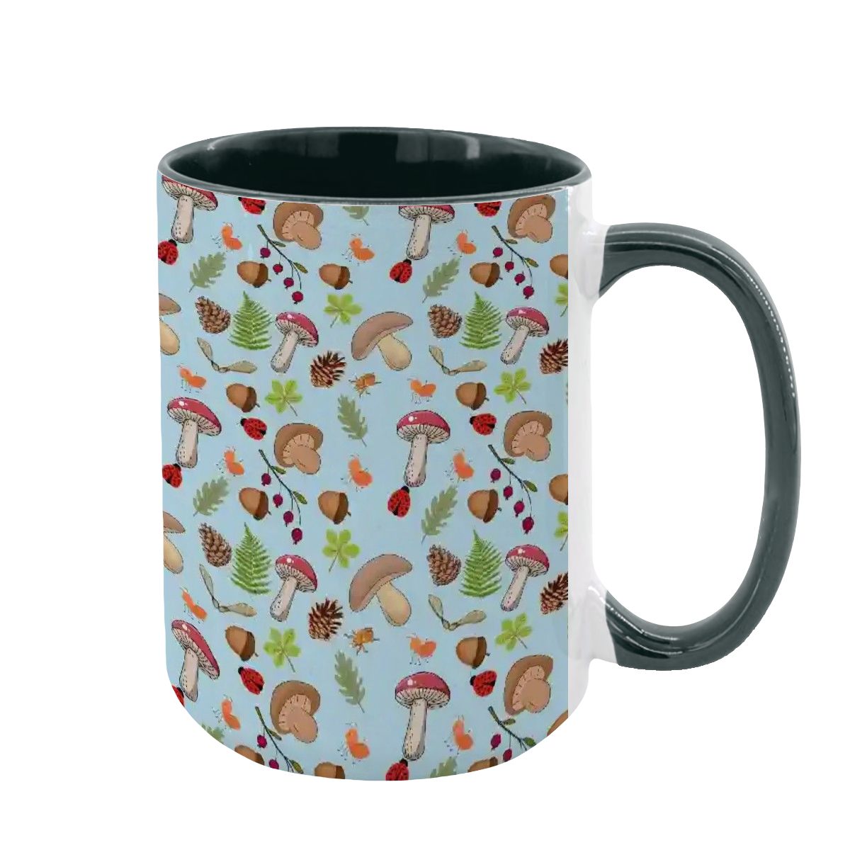 “Forest Floor” 15oz Mug – Blue Background, Mushrooms, Insects, Acorns, Leaves & Ferns, Woodland Nature Coffee Cup