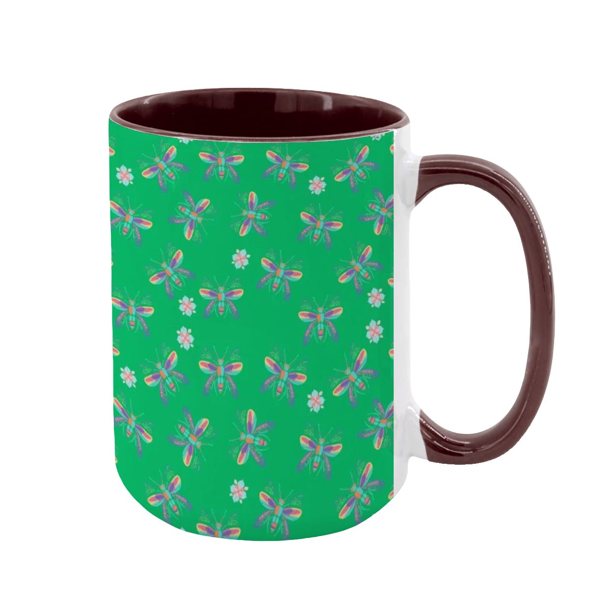“Iridescent Flight” 15oz Mug – Dragonfly Print, Green Background, Large Coffee Cup, Whimsical Nature Gift
