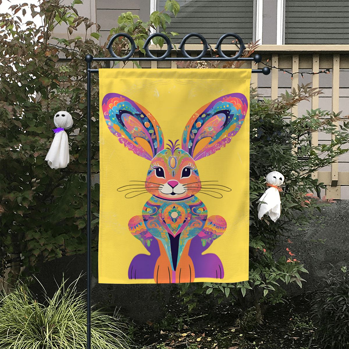 Colorburst Bunny Garden Flag – Colorful Patterned Rabbit Yard Banner