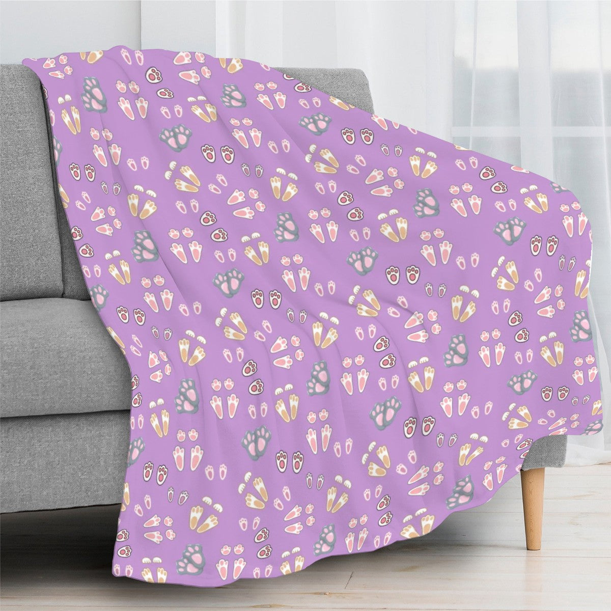 “Bunny Tracks” Blanket – Lavender Background, Cute Rabbit Paw Print Pattern, Cozy Fleece Throw, Woodland Animal Decor