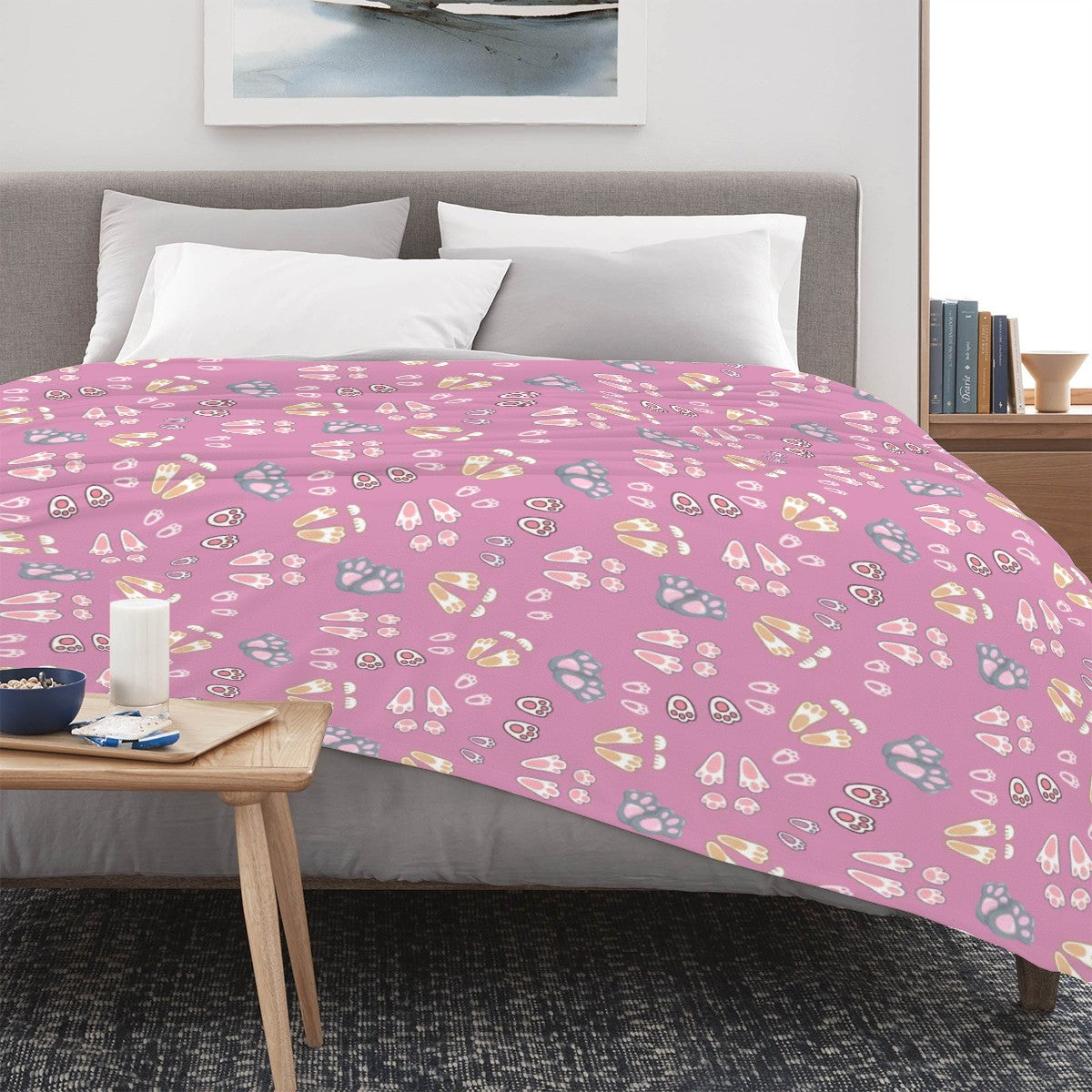 “Bunny Tracks” Blanket – Dusty Rose Background, Cute Rabbit Paw Print Pattern, Cozy Fleece Throw, Woodland Animal Decor