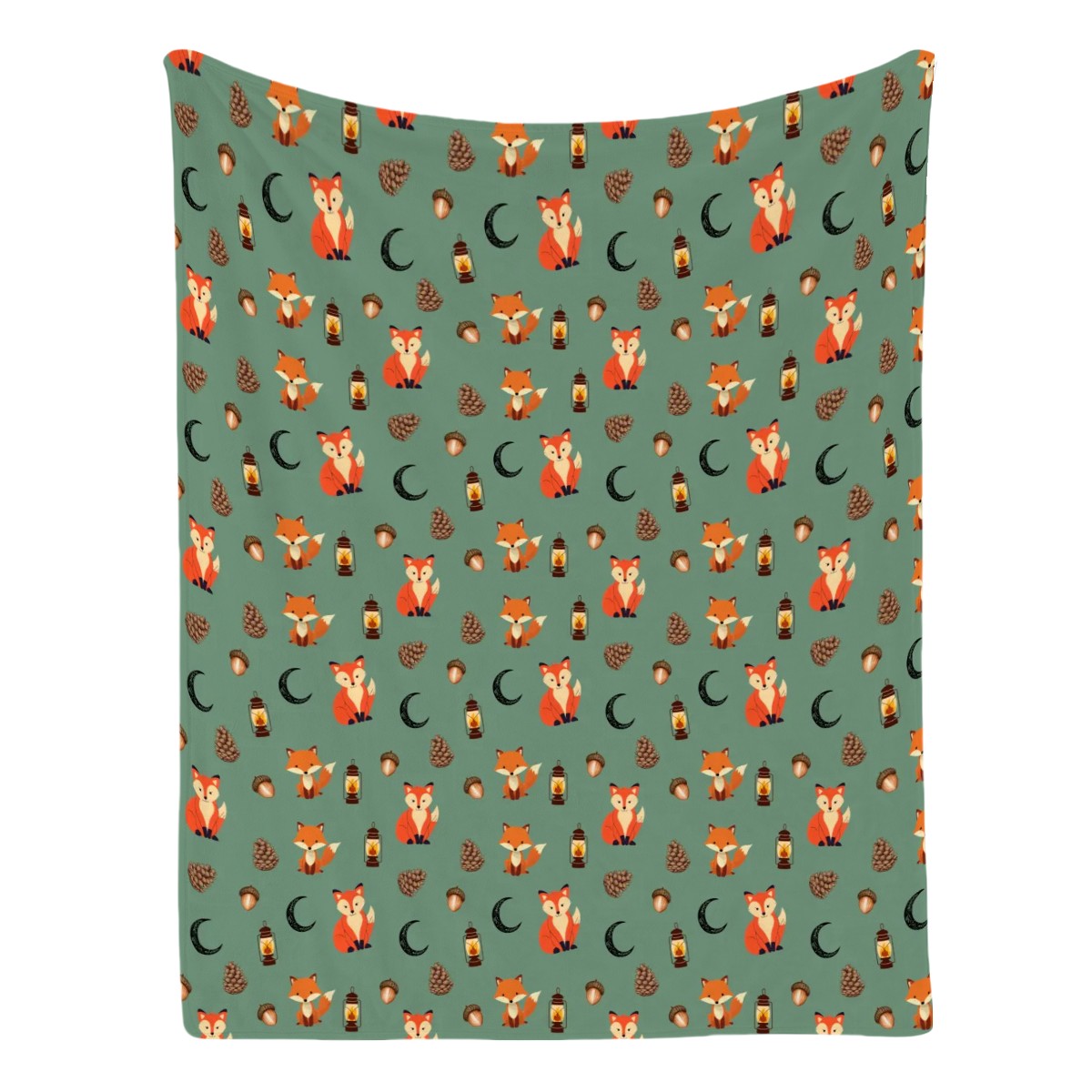 "Foxlight Trail" Forest Blanket – Whimsical Foxes & Lanterns on Muted Green