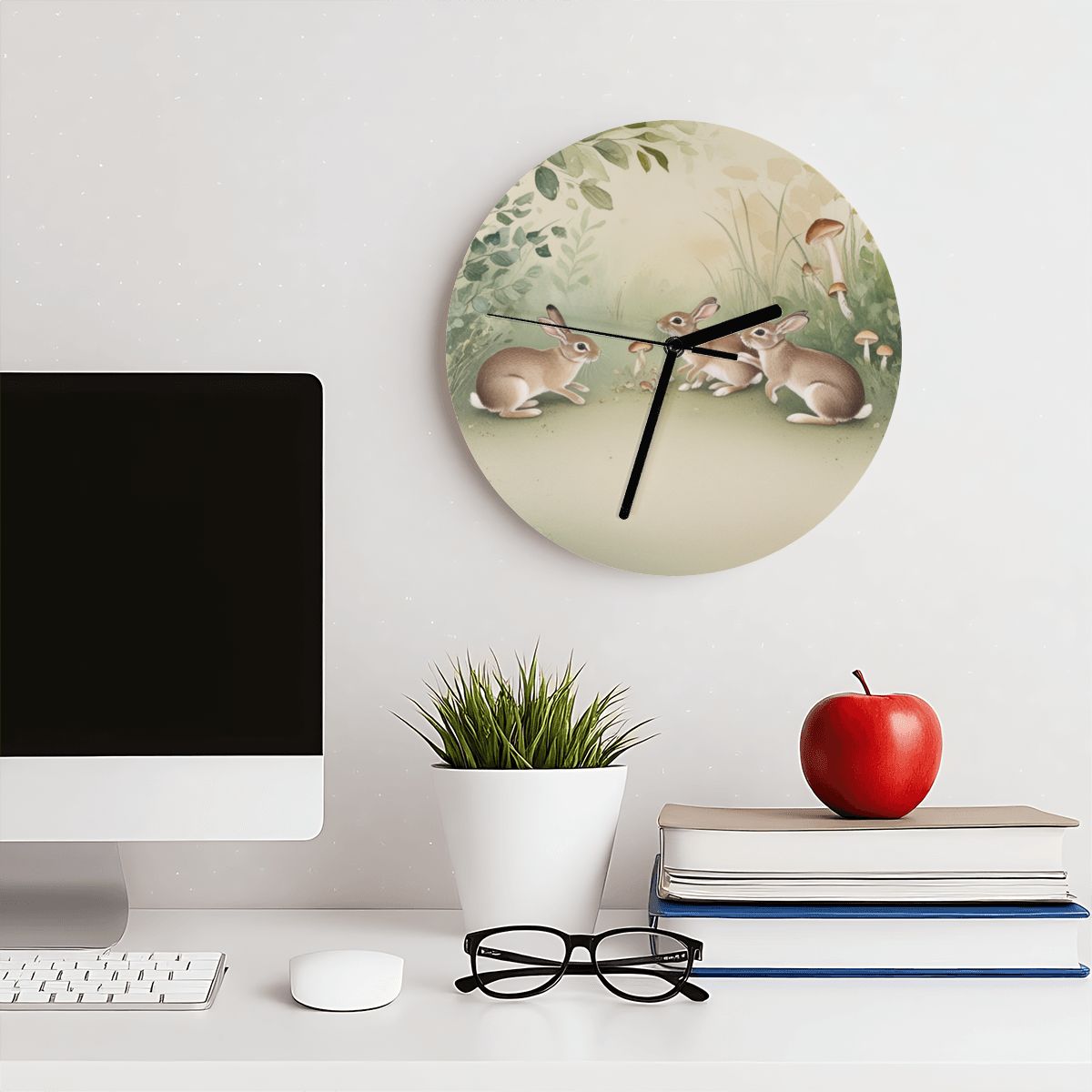 "Rabbit Rendezvous" Rabbit & Mushroom Wall Clock