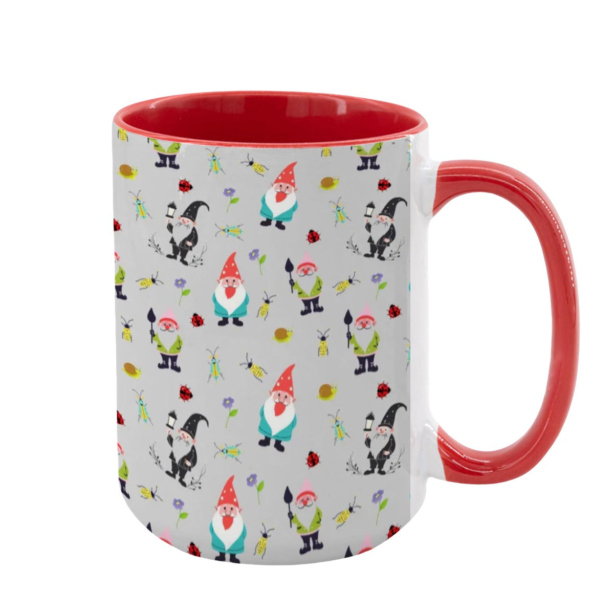 “Gnome Trails” 15oz Mug – Whimsical Gnome Pattern, Large Coffee Cup, Grey Background, Woodland Forest Gift