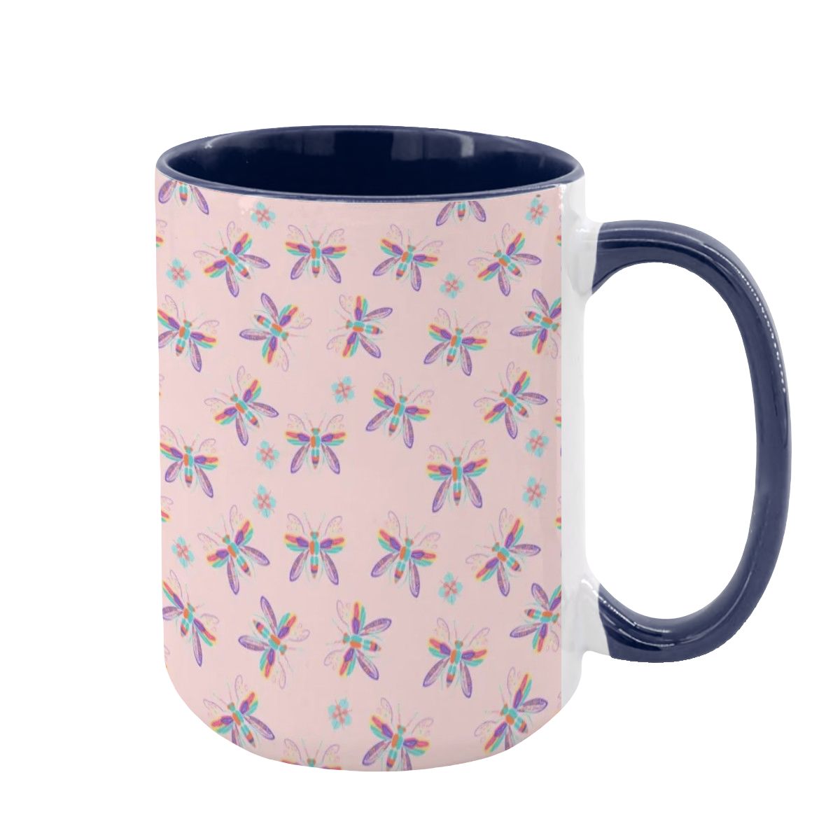 “Iridescent Flight” 15oz Mug – Dragonfly Print, Pink Background, Large Coffee Cup, Whimsical Nature Gift