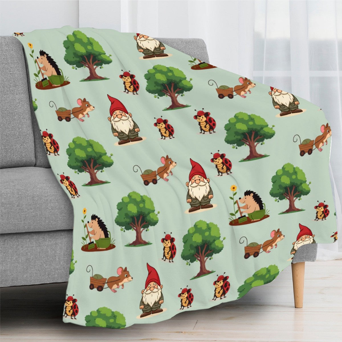 Gnome Folk & Friends Sage Green Blanket – Cozy Gnomes & Woodland Animals