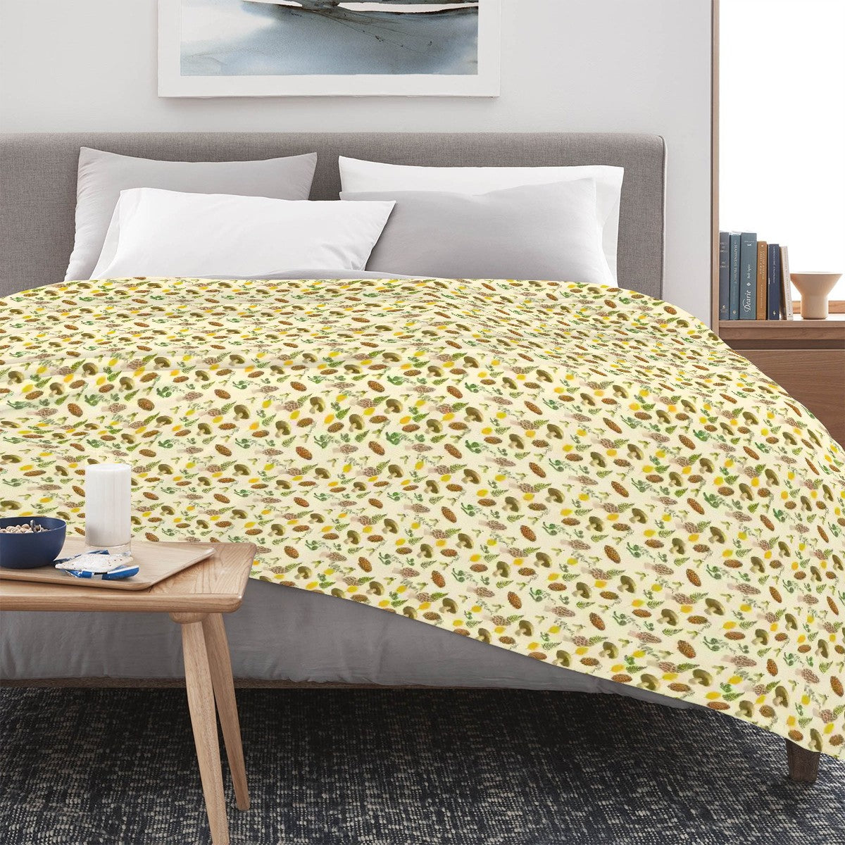 "Forest Forager" Blanket – Cream Fleece Throw with Mushrooms, Pinecones & Ferns, Cozy Woodland Nature Decor Gift