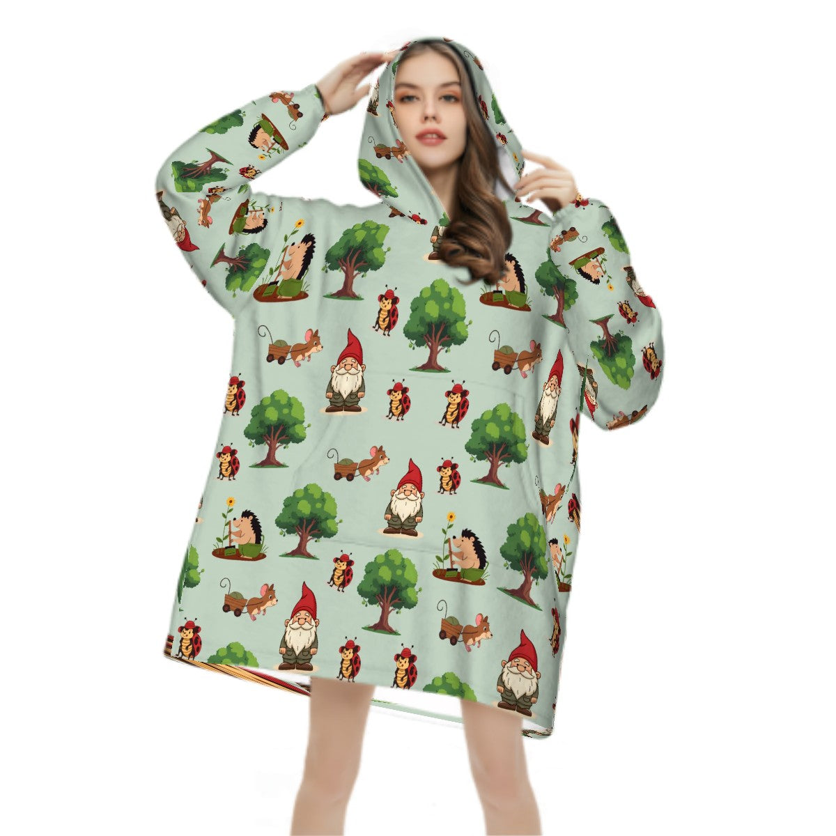 Gnome Folk & Friends Blanket Hoodie – Sage Green, Gnomes & Woodland Animals