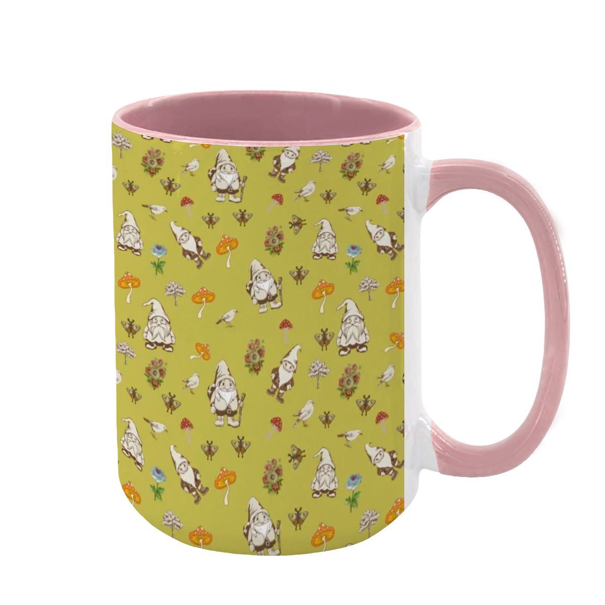"Forest Folk, Olive Yellow" 15oz Mushroom and Gnome Mug - Rabbit Haven