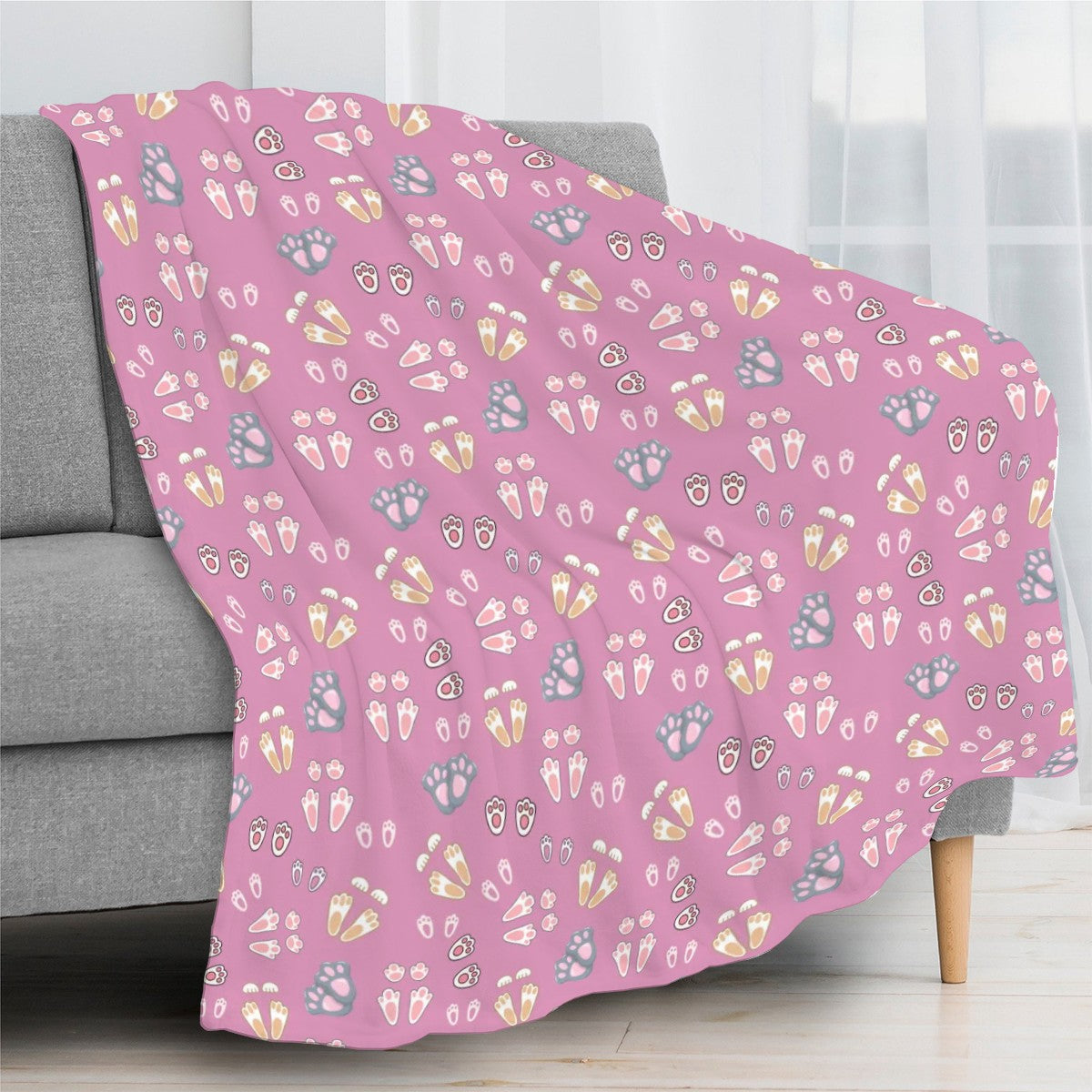 “Bunny Tracks” Blanket – Dusty Rose Background, Cute Rabbit Paw Print Pattern, Cozy Fleece Throw, Woodland Animal Decor