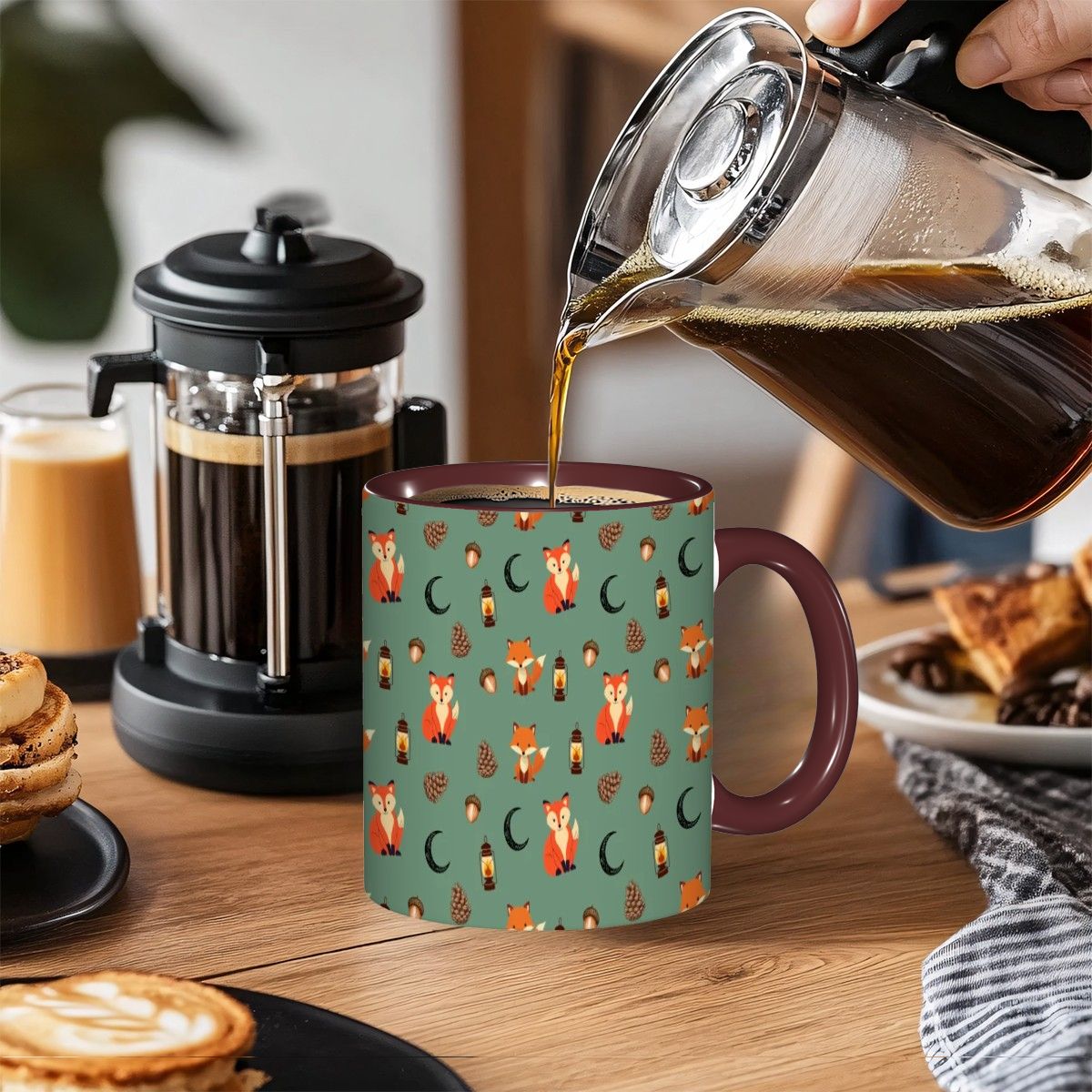 Foxlight Trail 11oz Mug – Whimsical Fox & Forest Lanterns on Muted Green | Woodland Coffee Cup by Rabbit Haven