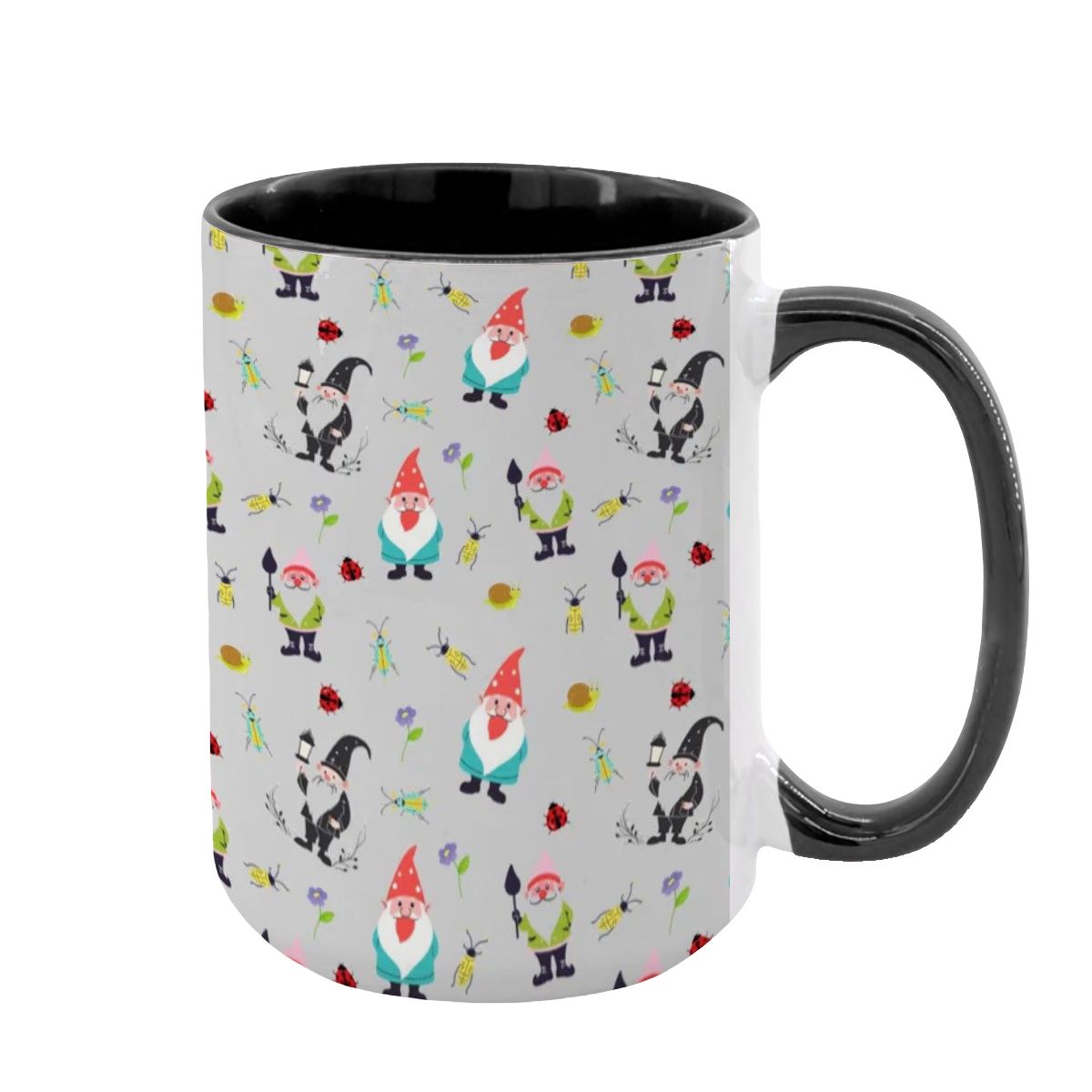 “Gnome Trails” 15oz Mug – Whimsical Gnome Pattern, Large Coffee Cup, Grey Background, Woodland Forest Gift