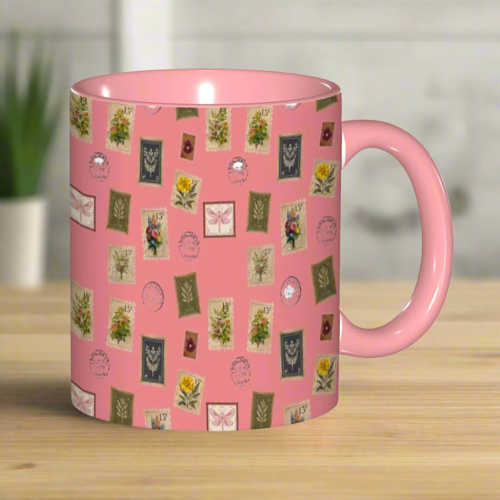 "Garden Postage"11oz Mug – Vintage Botanical Stamp Print on Pastel Rose | Floral Coffee Cup by Rabbit Haven