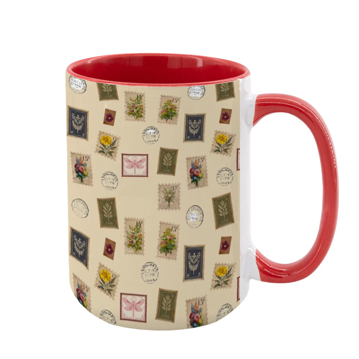 "Garden Postage" 15oz Mug – Vintage Botanical Stamp Print on Cream | Large Floral Coffee Cup by Rabbit Haven