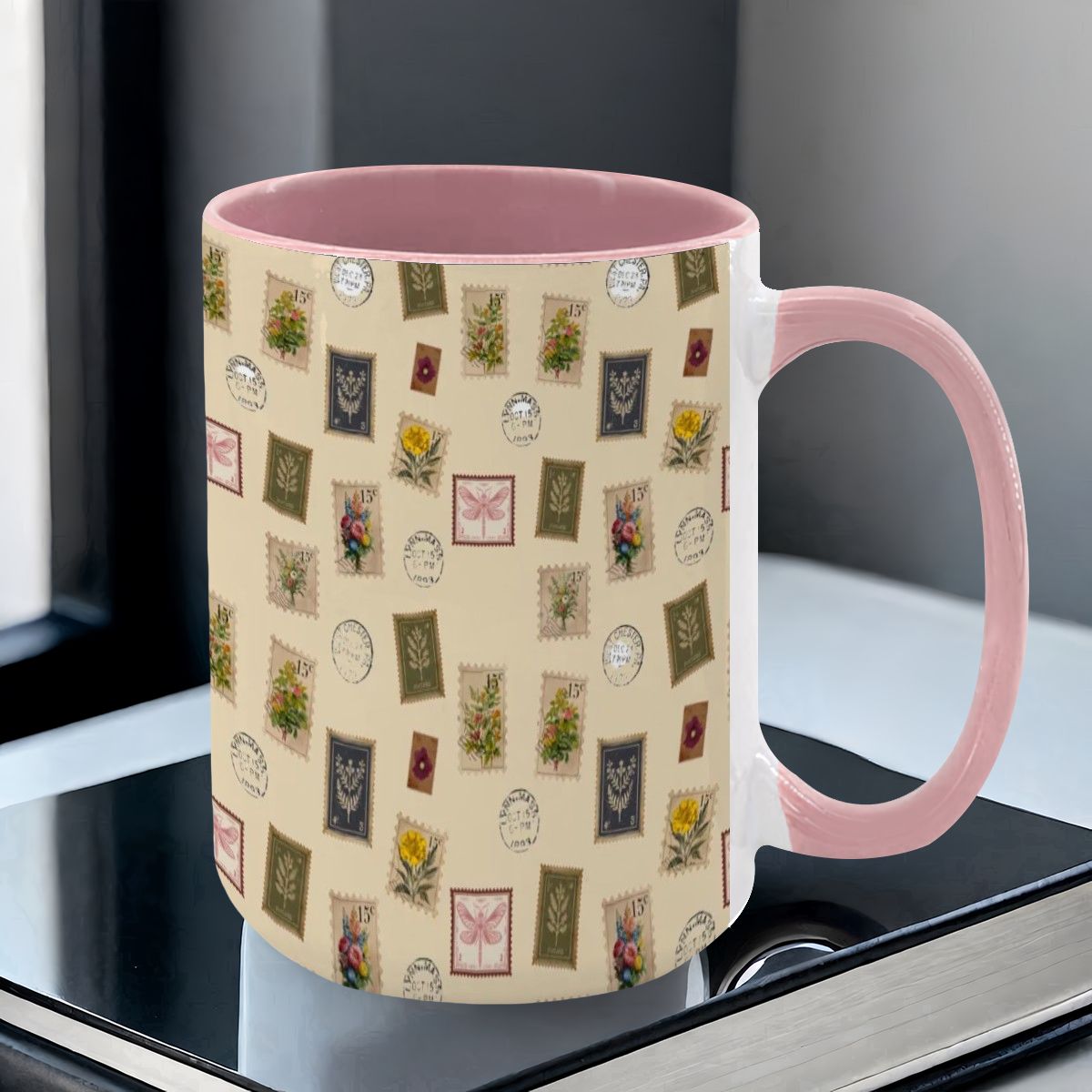 "Garden Postage" 15oz Mug – Vintage Botanical Stamp Print on Cream | Large Floral Coffee Cup by Rabbit Haven