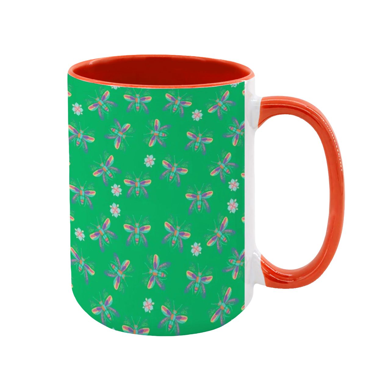 “Iridescent Flight” 15oz Mug – Dragonfly Print, Green Background, Large Coffee Cup, Whimsical Nature Gift