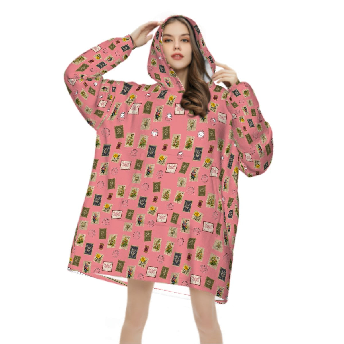 "Garden Postage" Adult Blanket Hoodie – Pastel Rose Background, Cozy Floral Stamp Print
